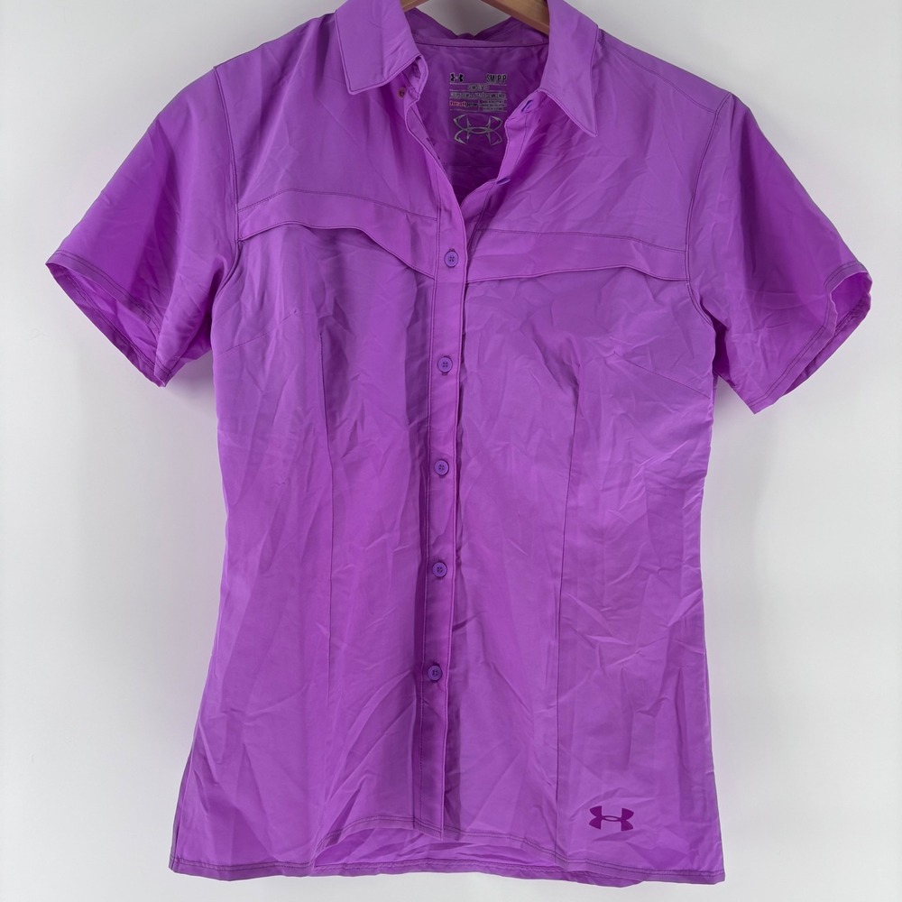 Under Armour Button Up Shirt Womens Small Purple HeatGear Short Sleeve Vented